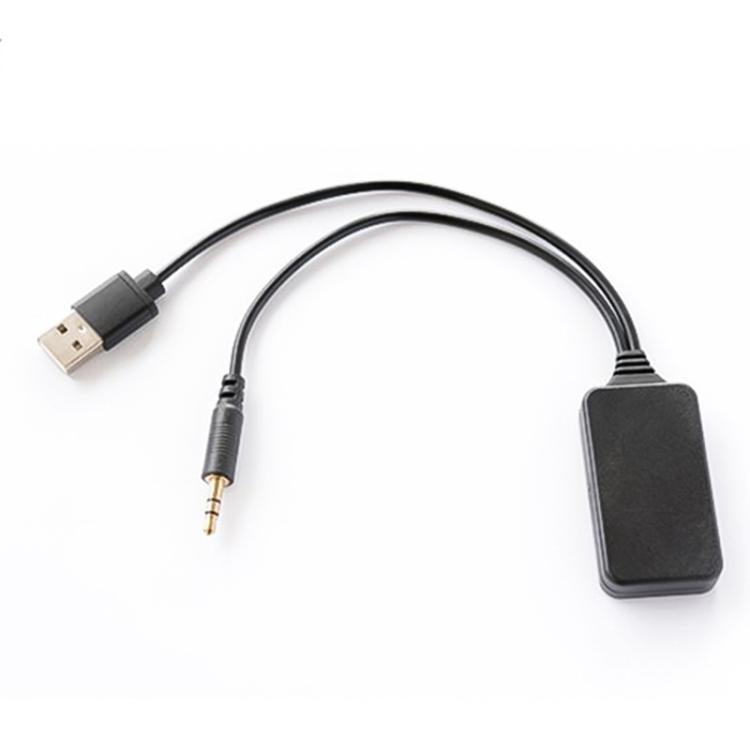 Wireless Bluetooth AUX adapter cable with USB plug, 3.5mm jack, and black control module
