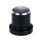 Black metal bump stop screw cap with ridged round top and silver trim ring