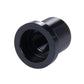 Black metal bump stop screw cap with open threaded center and sidewall