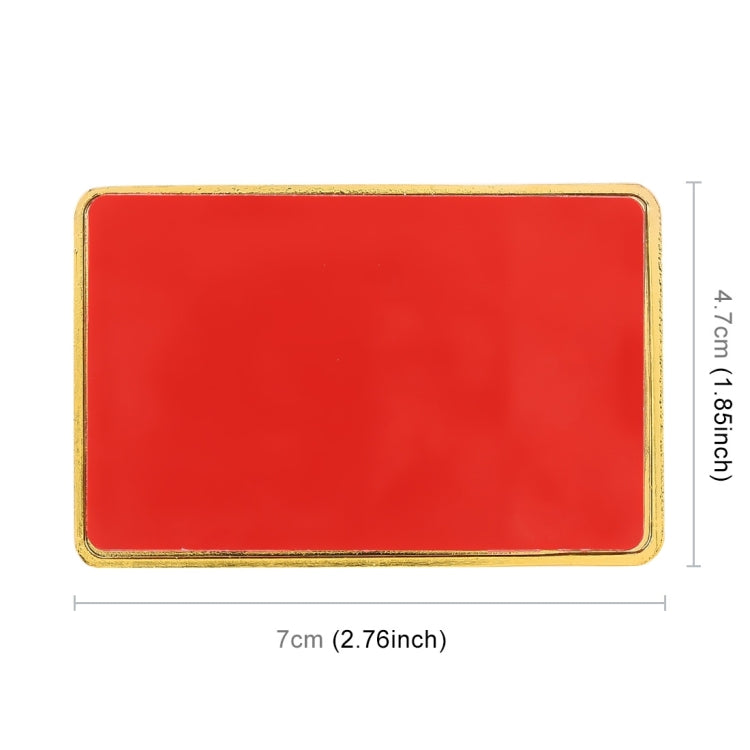 Red back of rectangular metal sticker with gold border, 7 x 4.7 cm