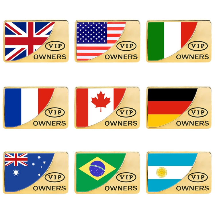 Assorted rectangular VIP owners metal stickers with gold borders and flag designs
