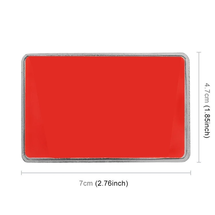 Rectangular metal sticker size 7cm x 4.7cm, red backing with silver edges