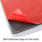 Self-adhesive tape on back of rectangular metal sticker, red backing surface