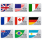 Rectangular VIP Owners metal stickers with various flags, silver border