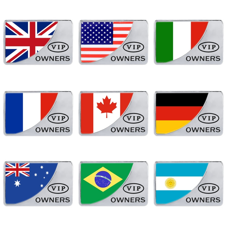 Rectangular VIP Owners metal stickers with various flags, silver border
