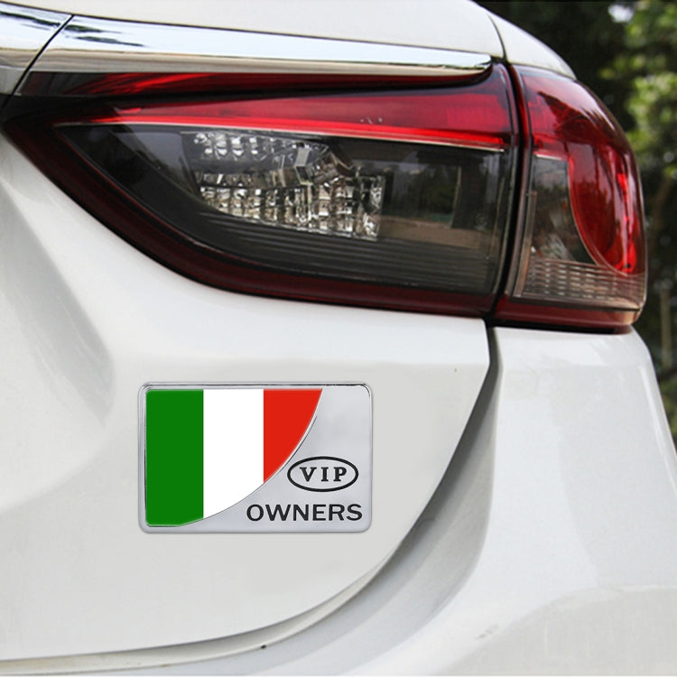 Italy flag VIP Owners metal sticker on car tail light area, rectangular silver frame