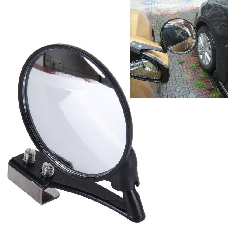 Black wide-angle vehicle observation mirror with adjustable clamp mount and round lens