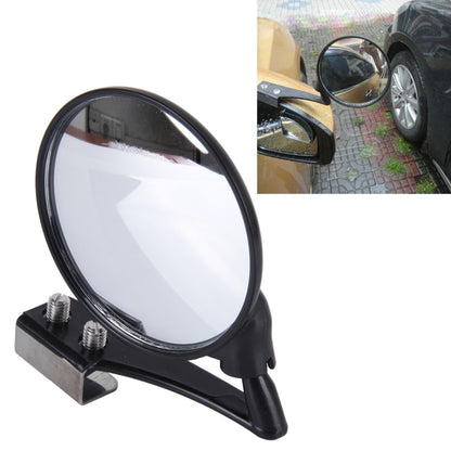 Black wide-angle vehicle observation mirror with adjustable clamp mount and round lens