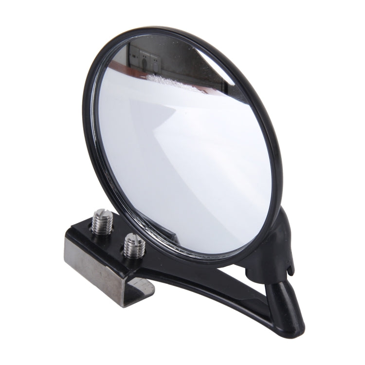 Black wide-angle vehicle observation mirror with clamp mount and round glass lens