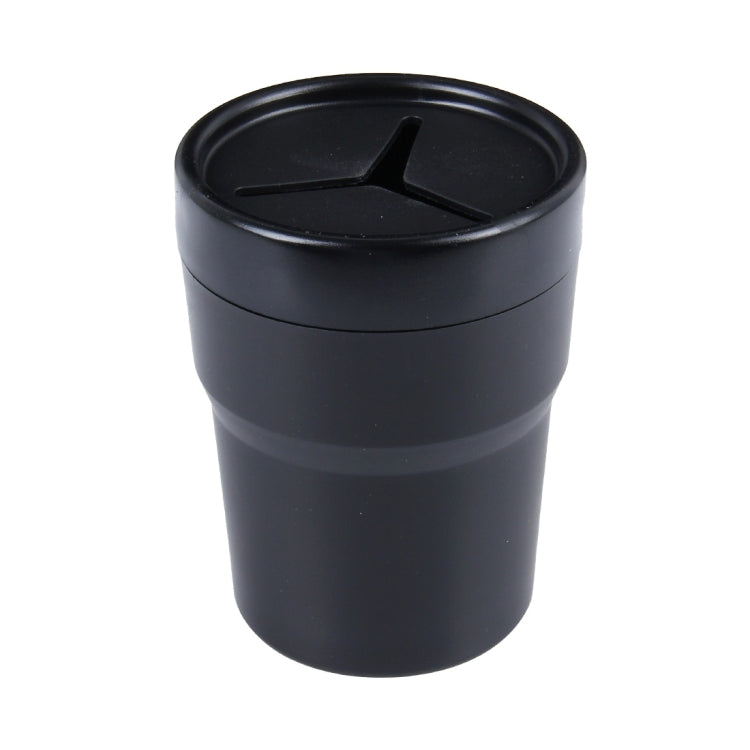 Auto car cylinder trash bin with hinged lid, dark plastic, round top
