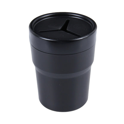 Auto car cylinder trash bin with hinged lid, dark plastic, round top
