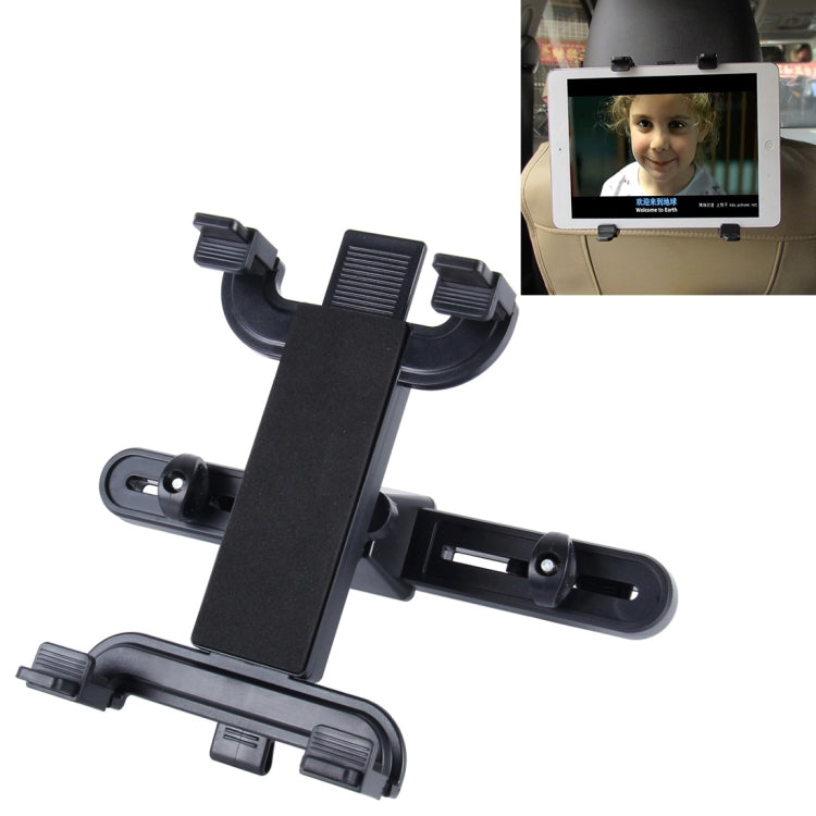 Black adjustable tablet headrest mount with side clamps and central support
