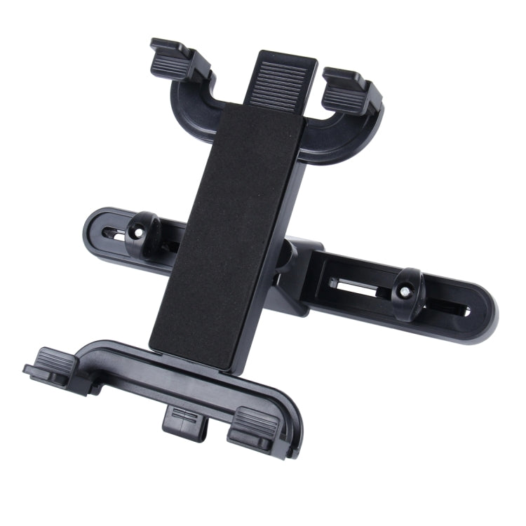 Black tablet headrest mount with curved arms and locking side brackets