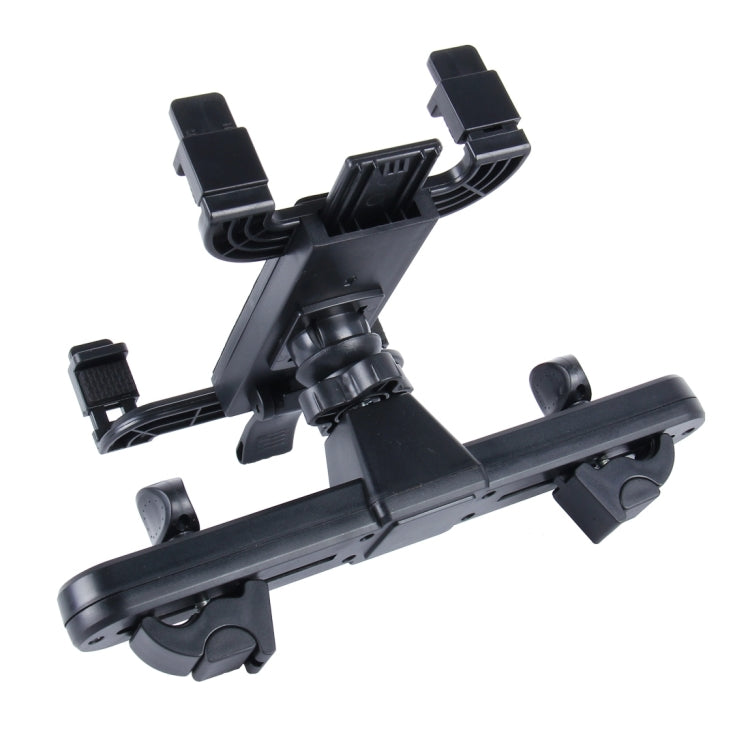 Black headrest tablet mount with swivel joints and rotating base rail