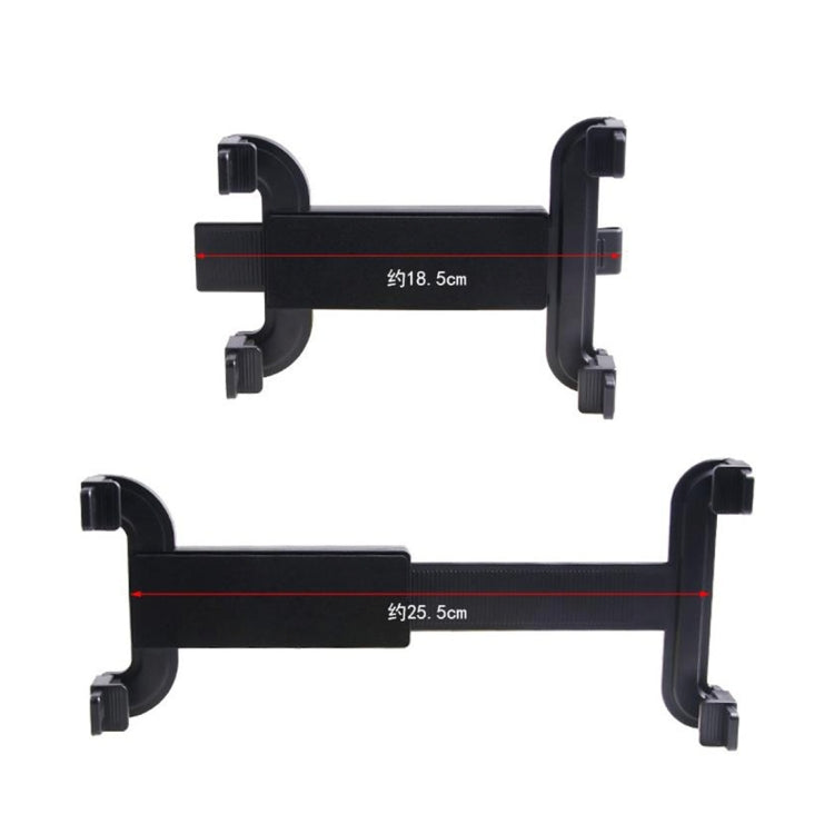 Black tablet headrest mount with adjustable arm supports and size guides