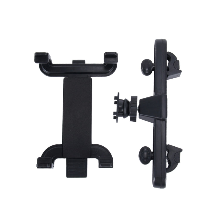 Black tablet headrest mount shown from side with hinge and clamp arms