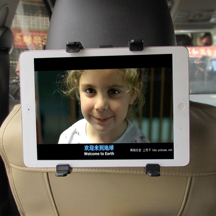 Tablet secured to a headrest with black adjustable mount brackets