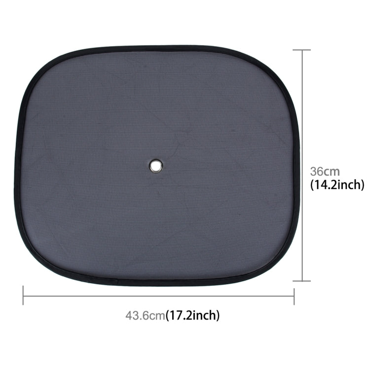 Single car window shade with dark gray fabric, black edge, 43.6 x 36 cm dimensions