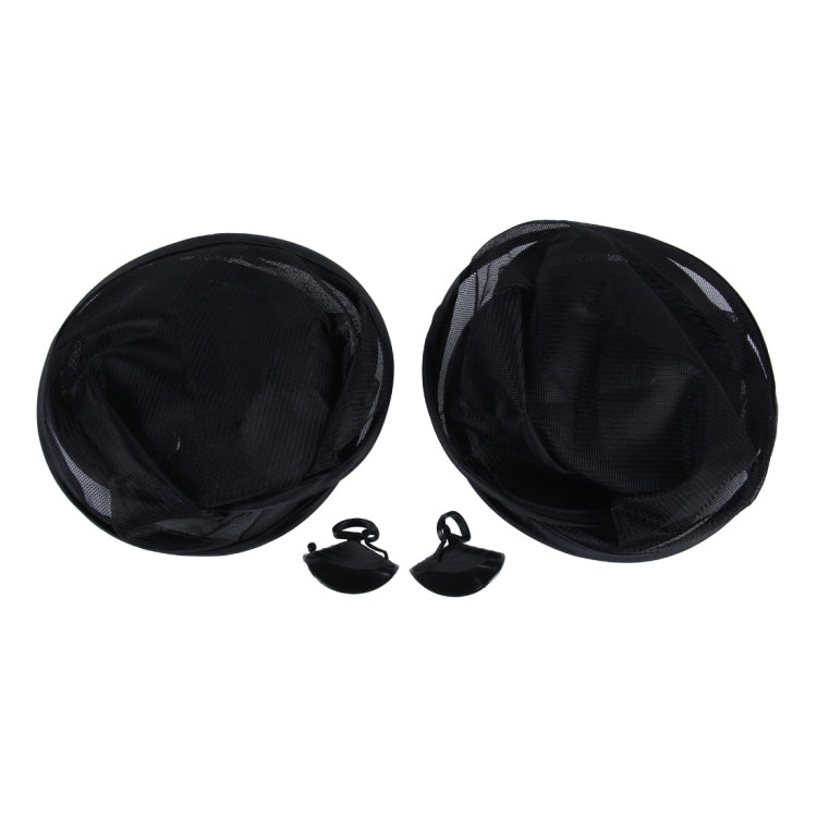 Two folded black car window shades with suction cups and mounting cords