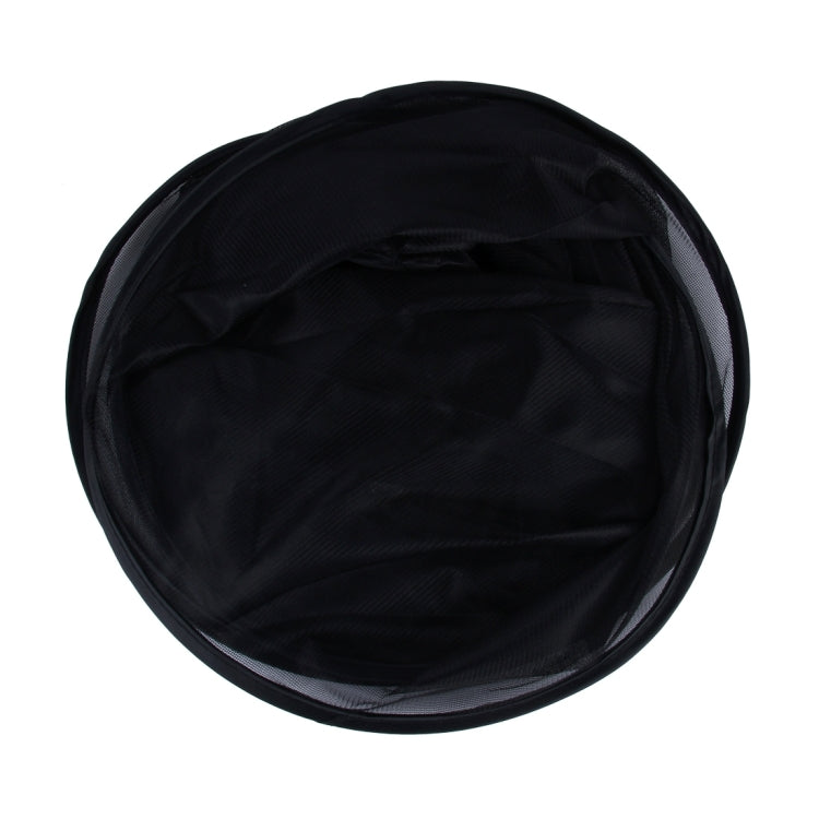 Foldable car window shade, black mesh fabric folded into a round disc