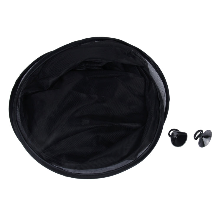 Foldable car window shade with suction-cup accessories beside the black mesh disc