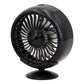 Black portable car electric cooling fan with base, angled view of circular grille and blades.