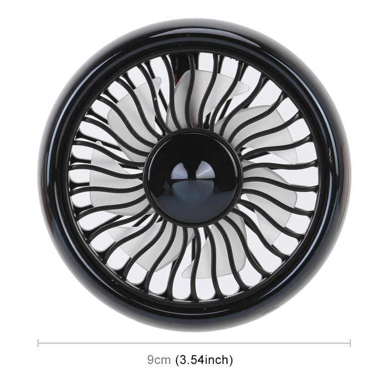 Round electric cooling fan head in black with circular grille, size marked 9cm (3.54in).