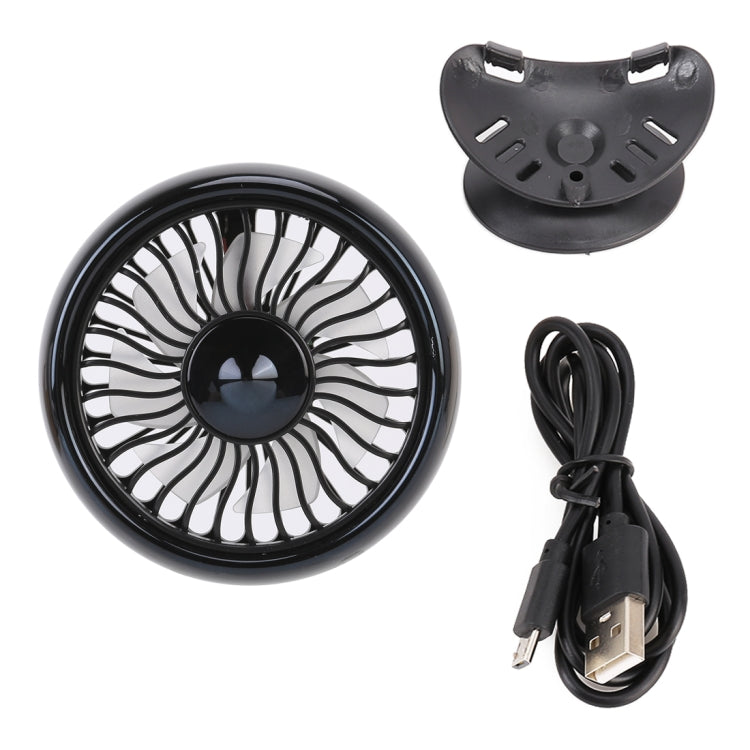 Black portable car cooling fan with base, plus mounting clip and USB power cable.