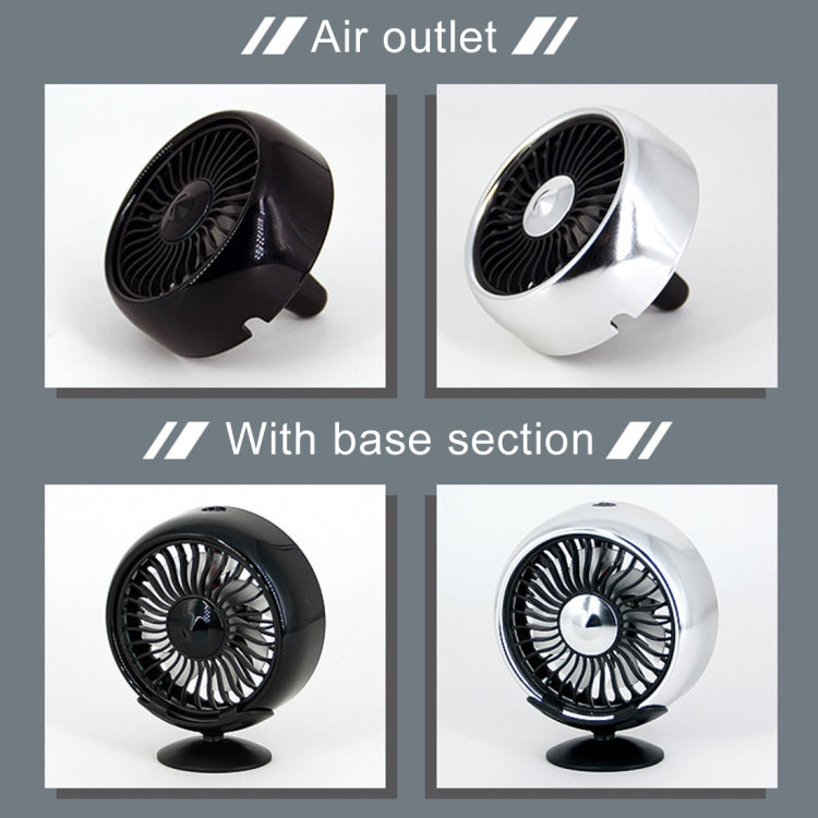 Portable electric cooling fan with base shown in black and silver, air outlet view.