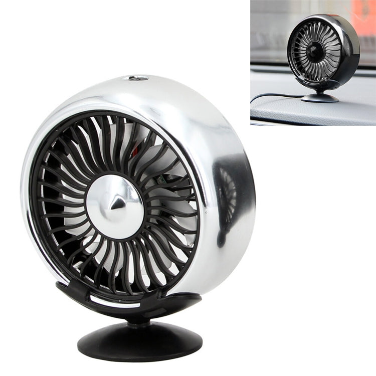 Portable car cooling fan with silver housing and black base, front fan view
