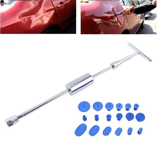 Silver T-bar slide hammer dent repair tool with assorted blue suction cups
