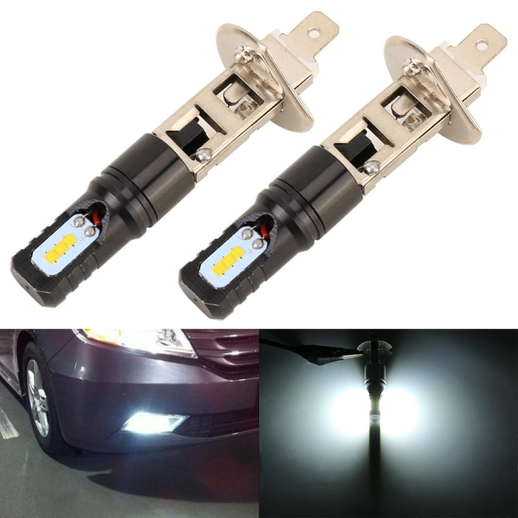 Pair of black H1 LED fog light bulbs with two CSP chips and silver mounting pins