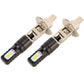 Pair of black H1 LED fog light bulbs, front view with two yellow LED chips