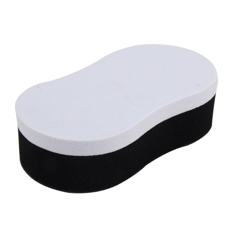 Car wax sponge, two-tone white top and black base, curved oval shape