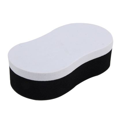 Car wax sponge, two-tone white top and black base, curved oval shape