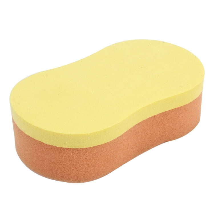 Car wax sponge, curved oval with yellow top and orange foam base