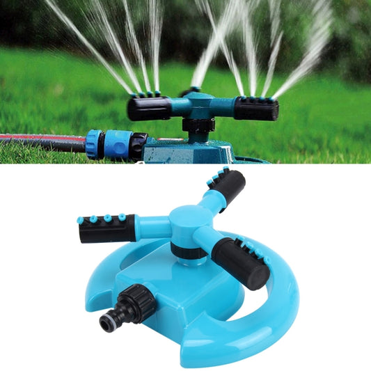 Blue rotating sprinkler nozzle with three-arm spray head and black hose connectors