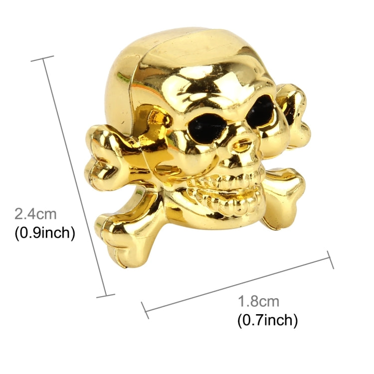 Gold skull tire valve cap cover with size markings: 2.4cm x 1.8cm