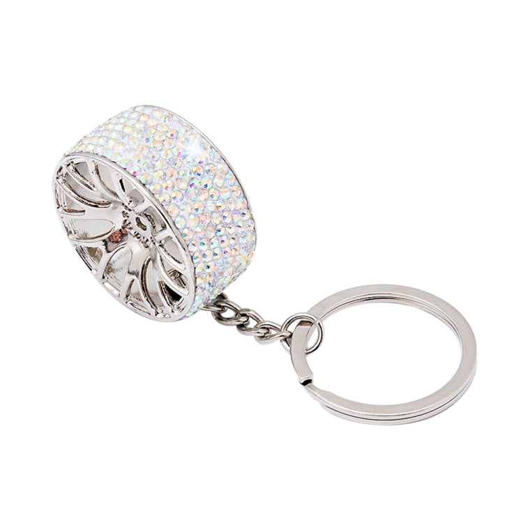 Rhinestone car wheel keychain key ring with silver chain and split ring