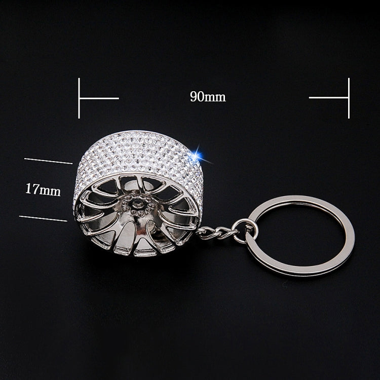 Rhinestone car wheel keychain key ring, 90mm length and 17mm width, silver split ring