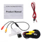 Car backup camera kit with clear license-plate camera, cable harness, and booklet