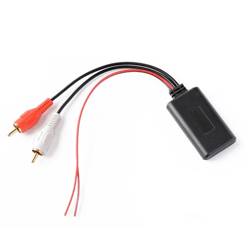 Car Bluetooth module adapter with black box, RCA connectors and red/white wire leads