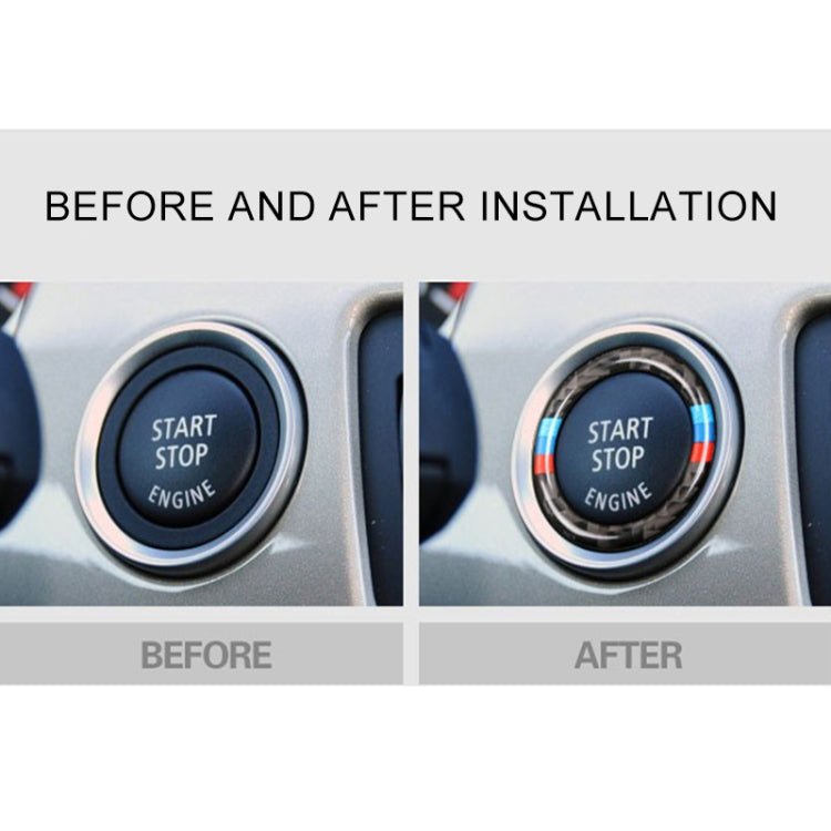 Start/stop engine button ring trim, carbon fiber look with blue/red stripes