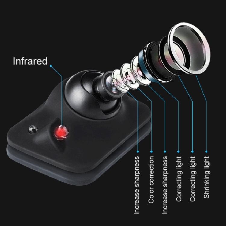 Black rear view camera with lens, red indicator, and transparent infrared lens ring