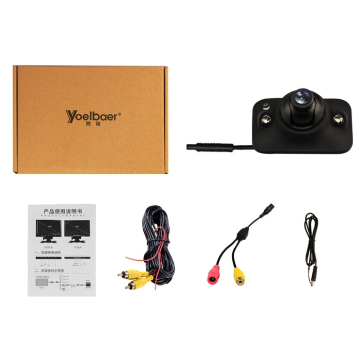 Car rear view camera kit with black camera, cable set, and instruction sheet