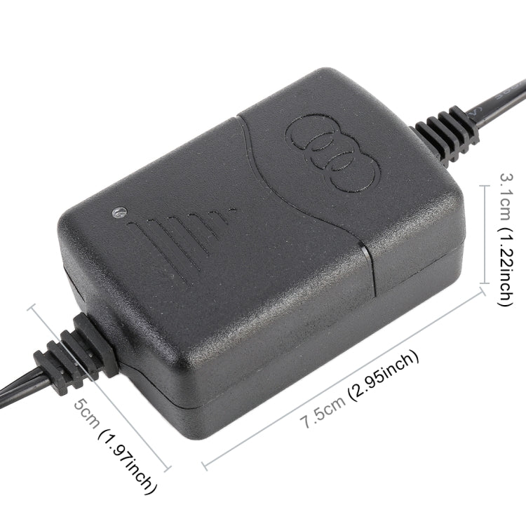 12V battery charger compact black adapter, approx 7.5 x 3 x 1.9 in