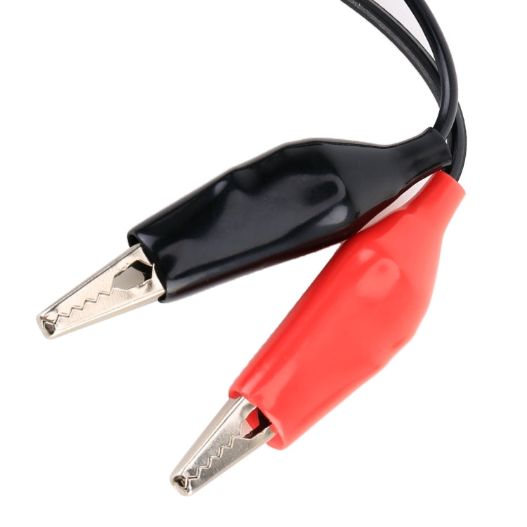 Battery terminal clips: red and black clamps with metal alligator contacts