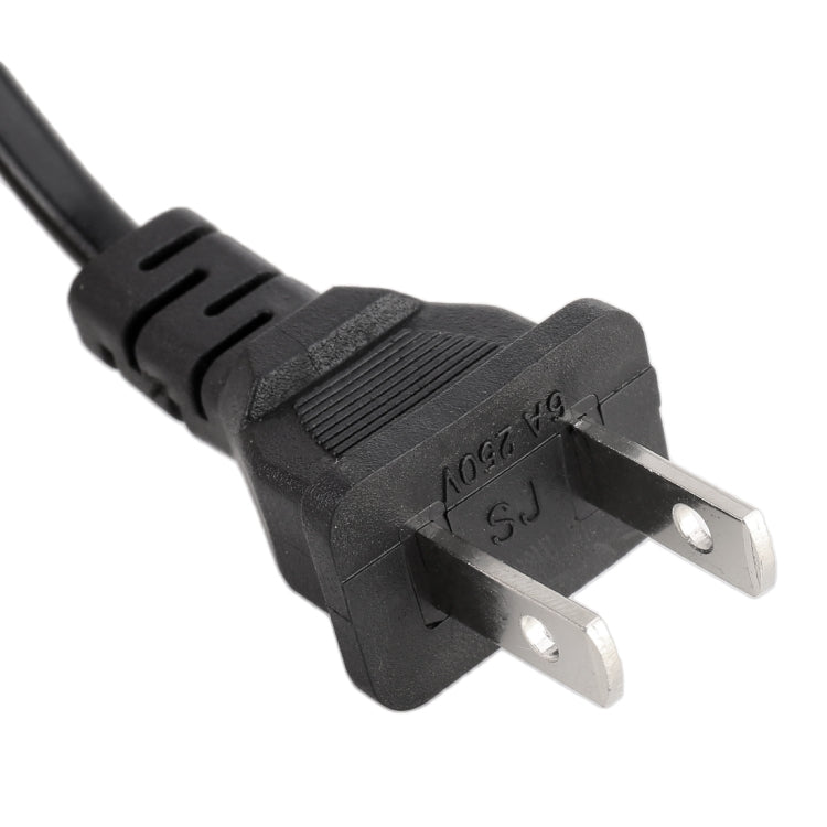Y-split battery charger plug with two metal prongs on black cable