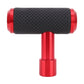 Red T-shaped gear shift knob with black perforated grip and red metal base