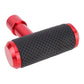 Red T-shaped gear shift knob with black perforated grip and angled red metal ends